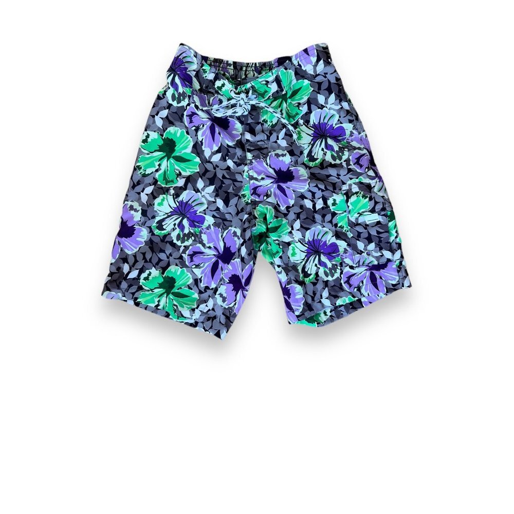 Snapperroock - Swimsuit with Green and Purple Hibiscus Flowers